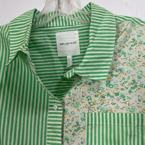 AVEC LES FILLES Cotton Floral Striped Oversized Mixed Print Shirt Button Up Top - Picture 9 of 11
